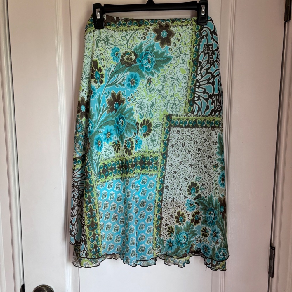 Elementz Vintage Y2K Fairycore Patchwork Floral Mesh Midi Skirt Teal Green XL